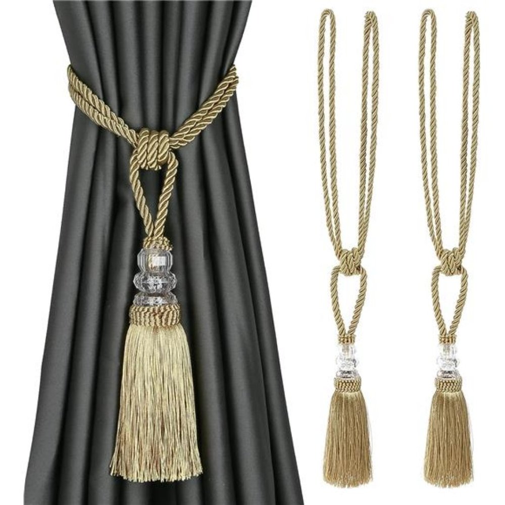 2 Pack Curtain Hand-Woven Tiebacks Crystal Holdbacks Home Decorative (Golden)